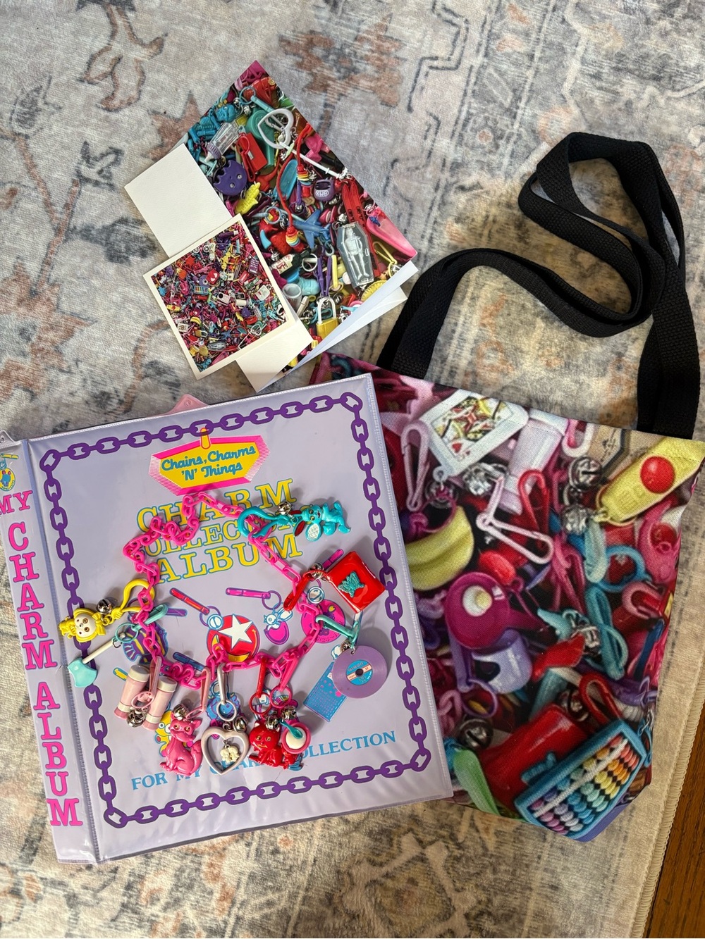 Vintage 80’s Bell Charm Album, Necklace & Original 80s Bell Charm tote, sticker